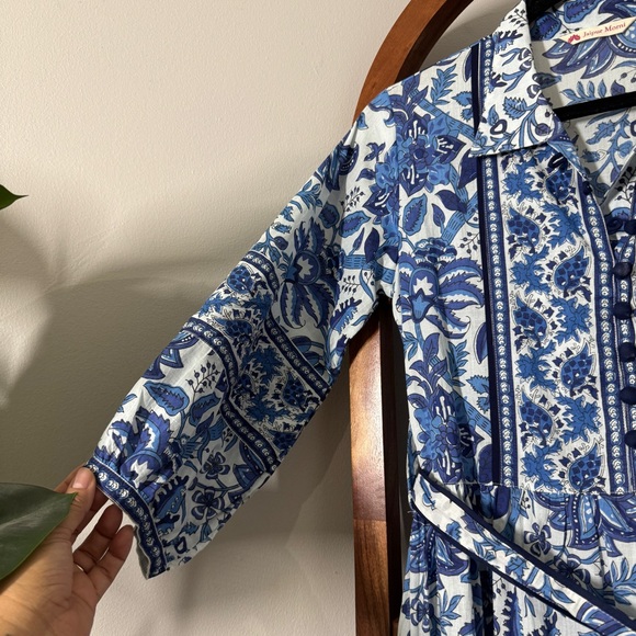 Jaipur Morni SMALL Blue 100% Cotton Belted Floral Block Print Midi Dress - Picture 3 of 10